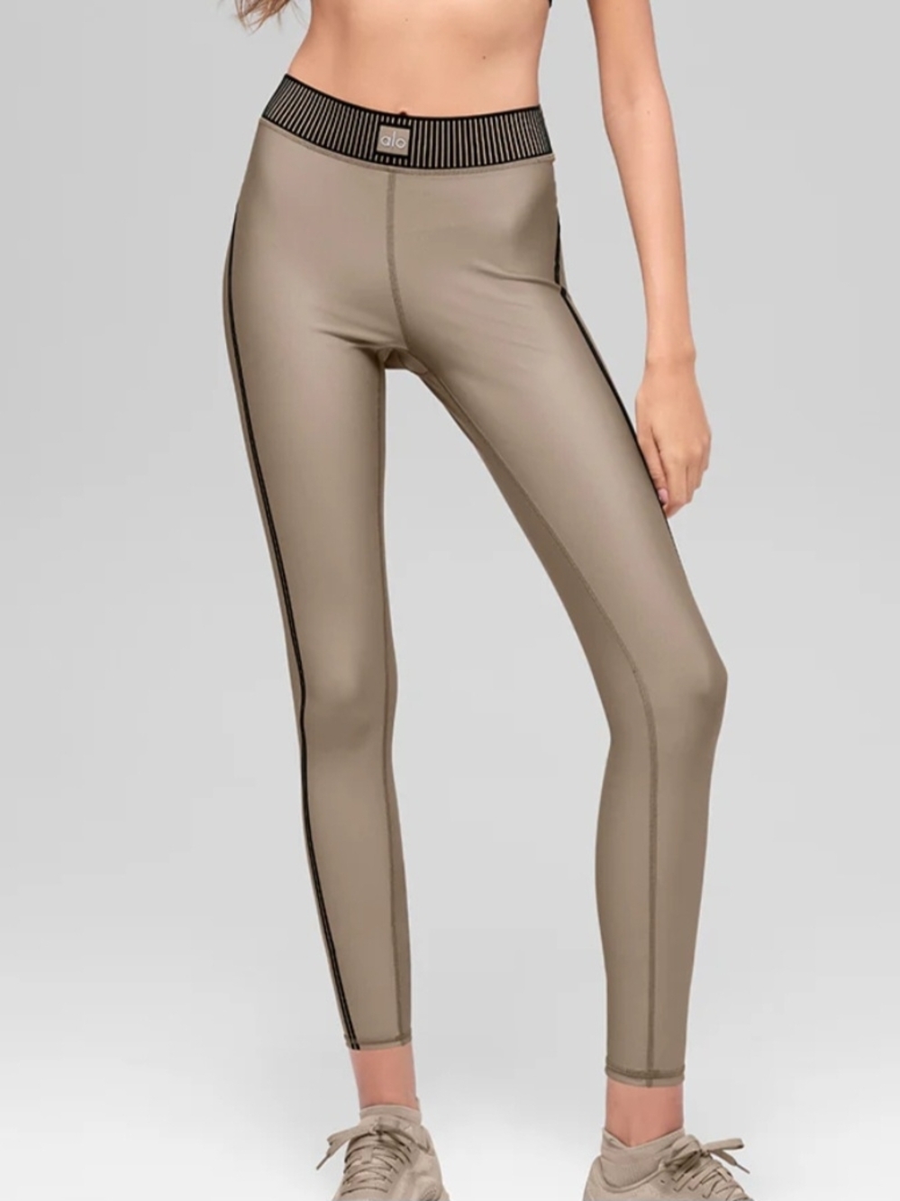 ALO Yoga Taupe Leggings with Black Side Stripe